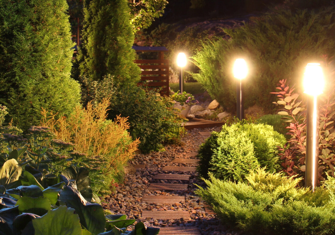 Illuminated garden path patio